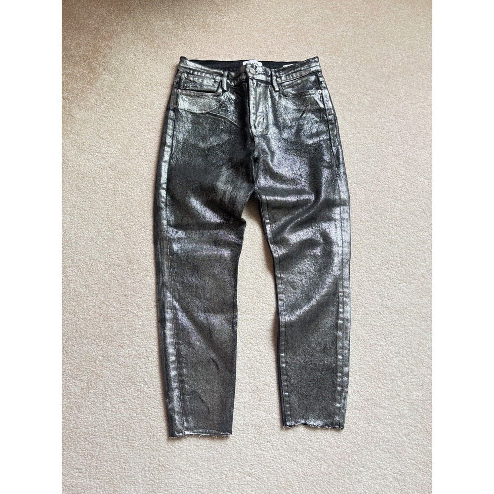 FRAME Le High Skinny Crop Jeans Chrome Noir Metallic Silver Womens Size 28